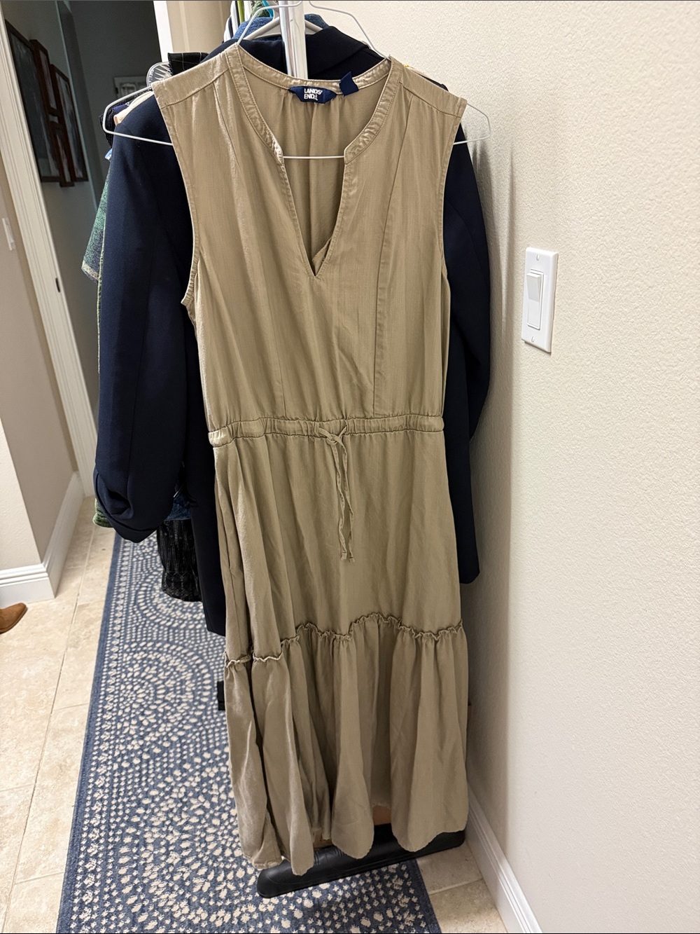 Lands End Sleeveless Greenish Khaki Tiered Drawstring Maxi Dress